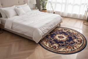 Tapis Rond Bleu Marine — Motif Aubusson Fleuri — Tapis Oriental Antidérapant