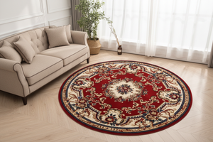 Tapis Rond Rouge — Motif Aubusson Fleuri — Tapis Oriental Antidérapant