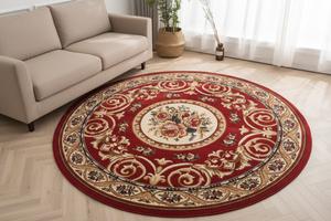 Tapis Rond Bordeaux — Motif Aubusson Fleuri — Tapis Oriental Antidérapant