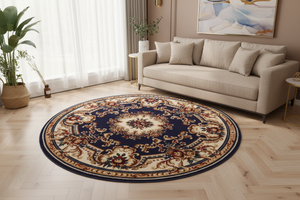 Tapis Rond Bleu Marine — Motif Aubusson Fleuri — Tapis Oriental Antidérapant