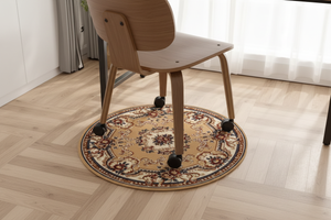 Tapis Rond Camel — Motif Aubusson Fleuri — Tapis Oriental Antidérapant