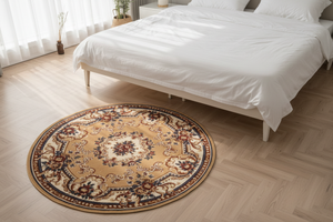 Tapis Rond Camel — Motif Aubusson Fleuri — Tapis Oriental Antidérapant