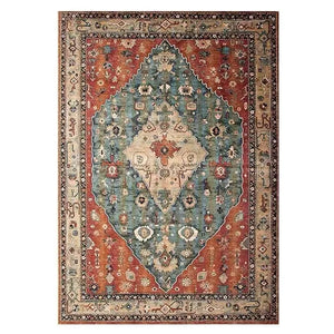 Tapis de Salon Oriental Terracotta et Bleu — Motif Médaillon Tribal Ethnique — Grand Tapis Antidérapant