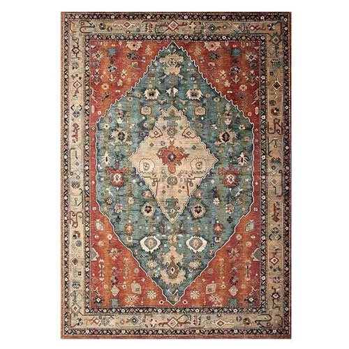 Tapis de Salon Oriental Terracotta et Bleu — Motif Médaillon Tribal Ethnique — Grand Tapis Antidérapant