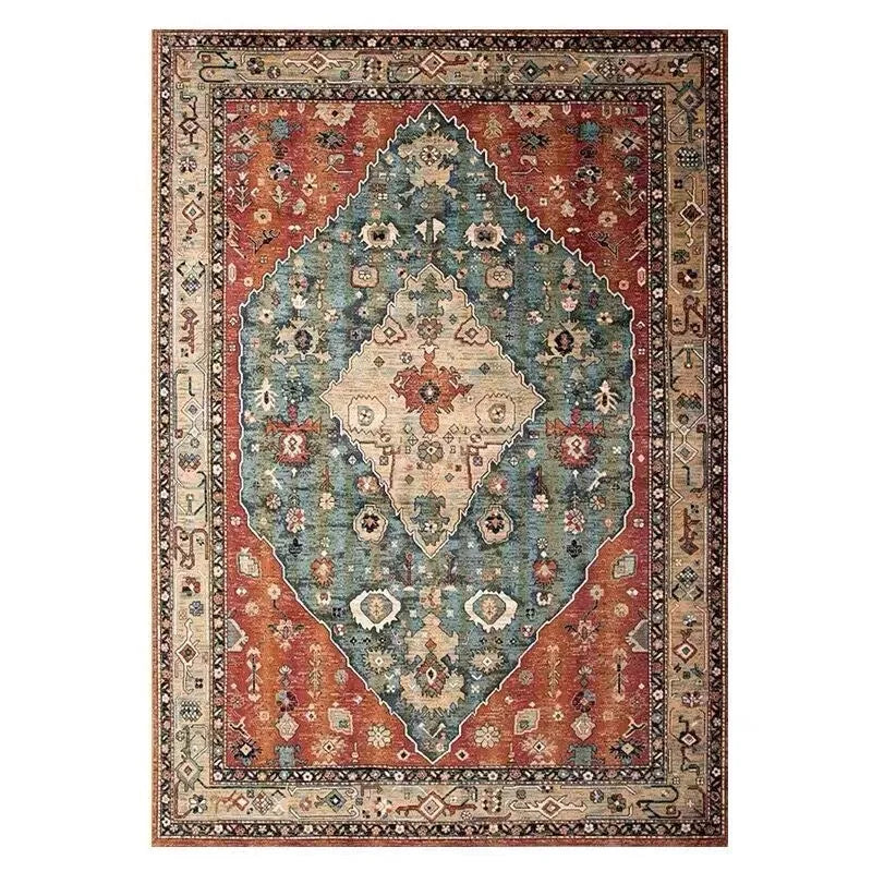 Tapis de Salon Oriental Terracotta et Bleu — Motif Médaillon Tribal Ethnique — Grand Tapis Antidérapant