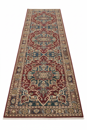Tapis de Couloir Oriental Rouge et Bleu — Motif Médaillon Vintage — Tapis Long Antidérapant
