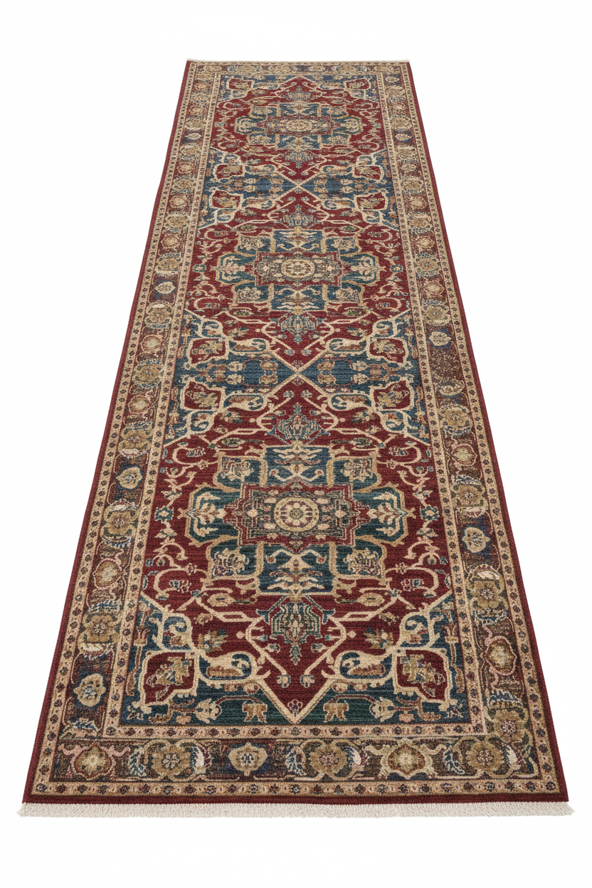 Tapis de Couloir Oriental Rouge et Bleu — Motif Médaillon Vintage — Tapis Long Antidérapant