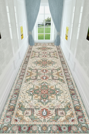 Tapis de Couloir Oriental Vert et Ivoire — Motif Médaillon Vintage | Tapis Long Antidérapant