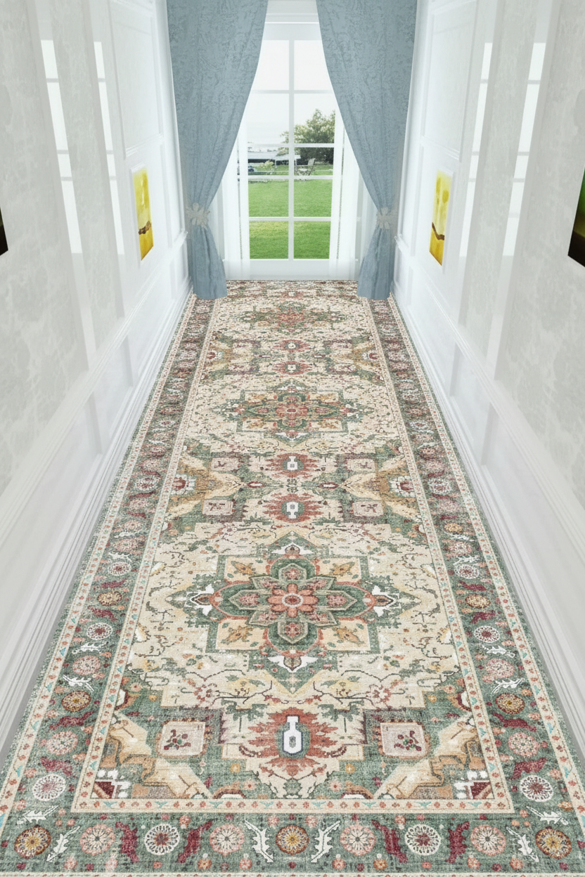 Tapis de Couloir Oriental Vert et Ivoire — Motif Médaillon Vintage | Tapis Long Antidérapant