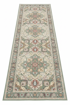 Tapis de Couloir Oriental Vert et Ivoire — Motif Médaillon Vintage | Tapis Long Antidérapant