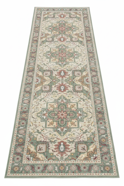 Tapis de Couloir Oriental Vert et Ivoire — Motif Médaillon Vintage | Tapis Long Antidérapant