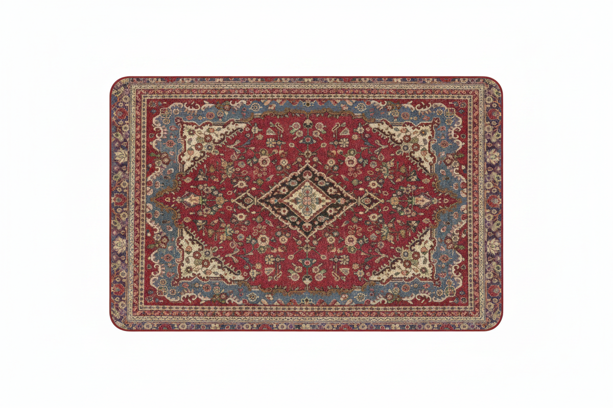 Tapis de Bain Oriental Rouge et Bleu — Motif Médaillon Ethnique — Tapis de Salle de Bain Antidérapant