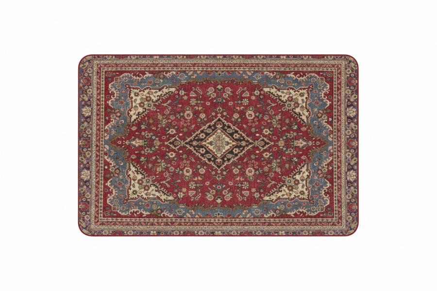 Tapis de Bain Oriental Rouge et Bleu — Motif Médaillon Ethnique — Tapis de Salle de Bain Antidérapant