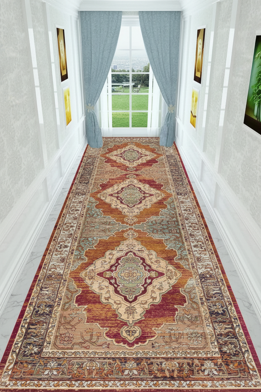 Tapis de Couloir Oriental Terracotta et Rouille — Motif Médaillon Vintage — Tapis Long Antidérapant