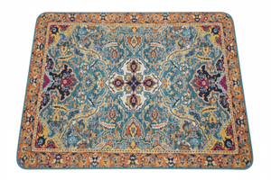 Tapis de Bain Oriental Bleu et Ocre — Motif Médaillon Ethnique — Tapis de Salle de Bain Antidérapant