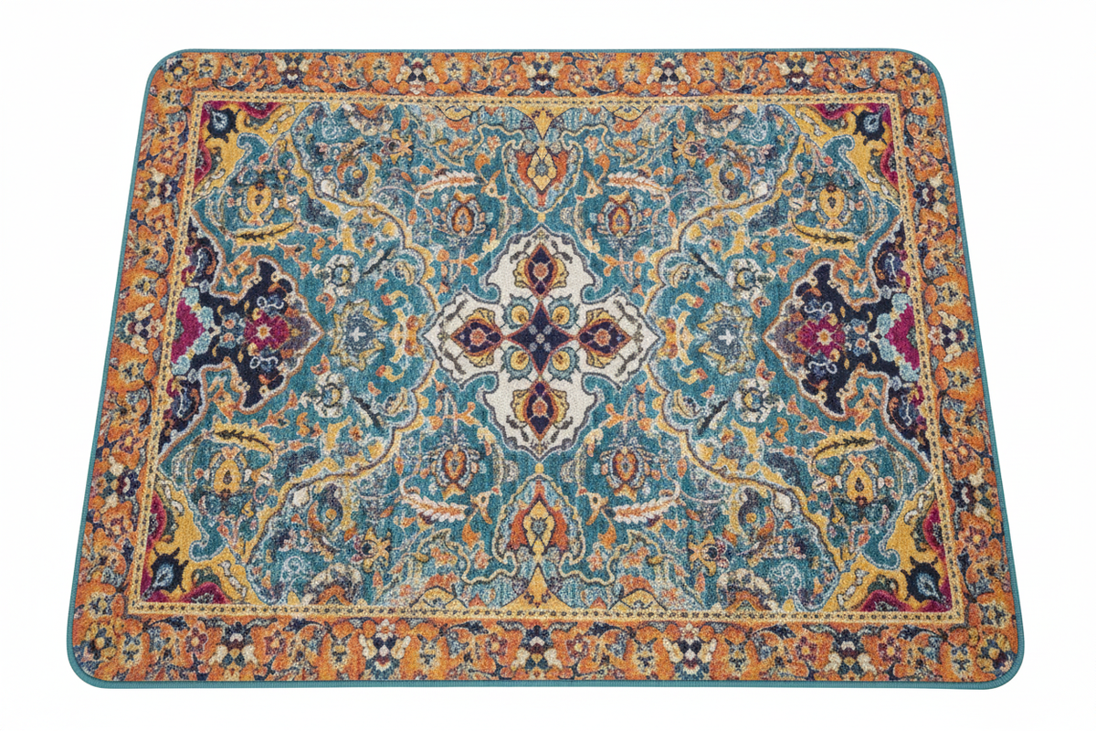 Tapis de Bain Oriental Bleu et Ocre — Motif Médaillon Ethnique — Tapis de Salle de Bain Antidérapant