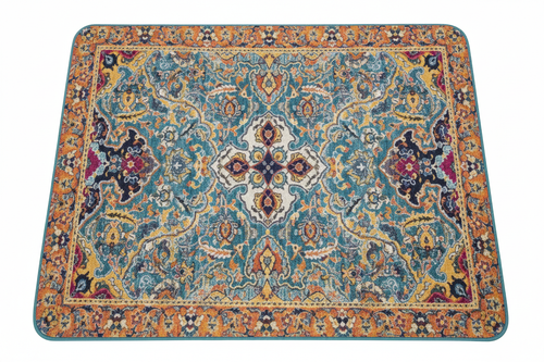 Tapis de Bain Oriental Bleu et Ocre — Motif Médaillon Ethnique — Tapis de Salle de Bain Antidérapant