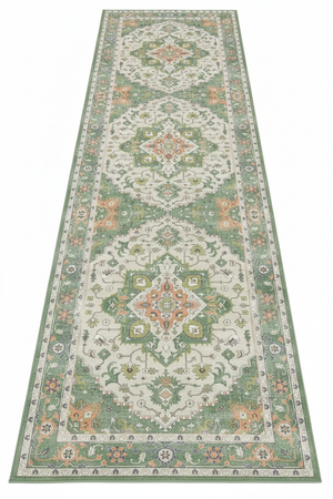 Tapis de Couloir Oriental Vert Sauge et Ivoire — Motif Médaillon Vintage — Tapis Long Antidérapant