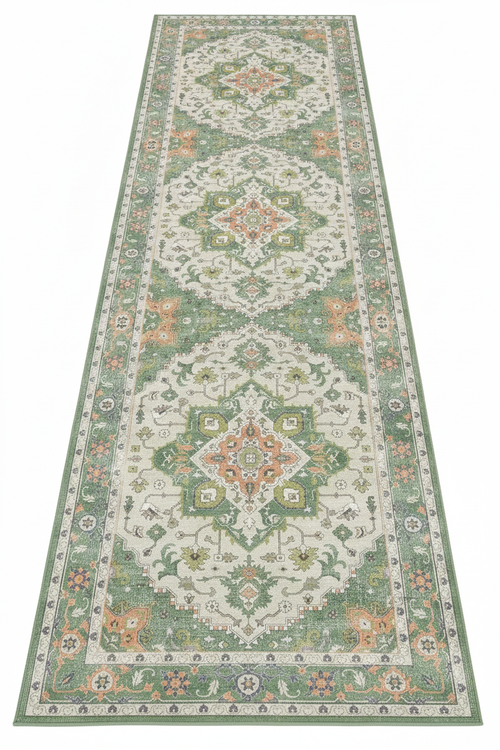 Tapis de Couloir Oriental Vert Sauge et Ivoire — Motif Médaillon Vintage — Tapis Long Antidérapant