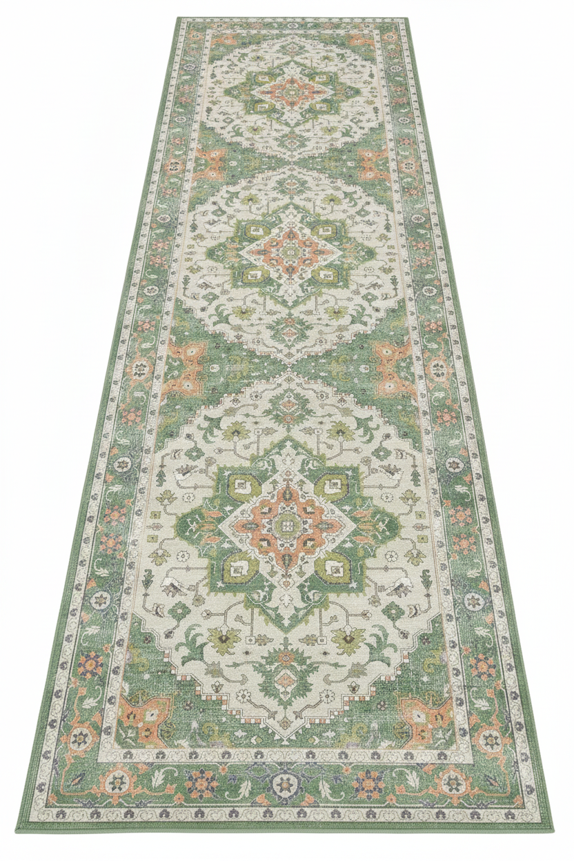 Tapis de Couloir Oriental Vert Sauge et Ivoire — Motif Médaillon Vintage — Tapis Long Antidérapant