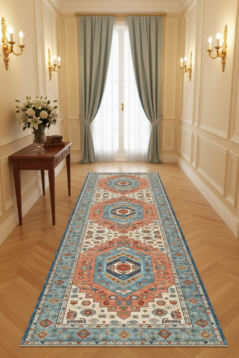 Tapis de Couloir Oriental Terracotta et Bleu — Motif Médaillon Vintage — Tapis Long Antidérapant