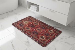 Tapis de Bain Oriental Rouge et Bleu Marine — Motif Géométrique Tribal — Tapis de Salle de Bain Antidérapant