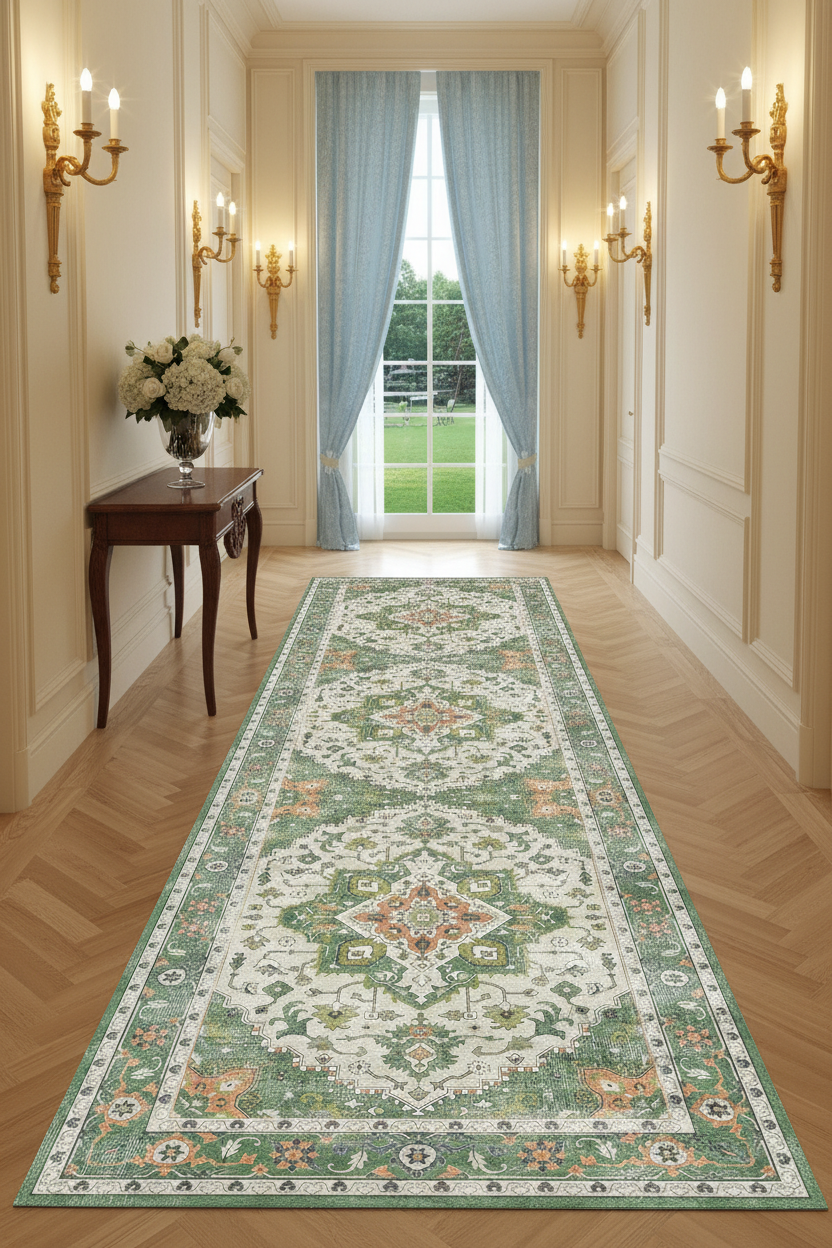 Tapis de Couloir Oriental Vert Sauge et Ivoire — Motif Médaillon Vintage — Tapis Long Antidérapant