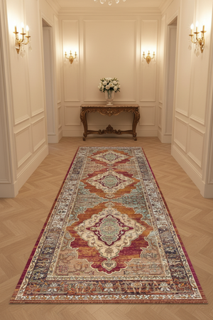 Tapis de Couloir Oriental Terracotta et Rouille — Motif Médaillon Vintage — Tapis Long Antidérapant