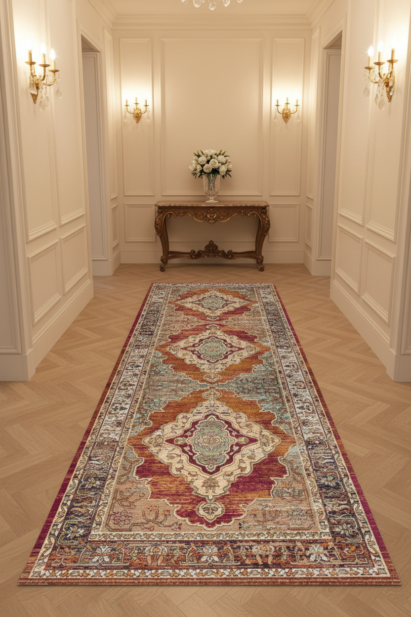 Tapis de Couloir Oriental Terracotta et Rouille — Motif Médaillon Vintage — Tapis Long Antidérapant