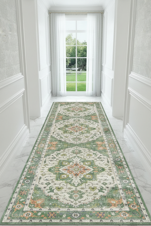 Tapis de Couloir Oriental Vert Sauge et Ivoire — Motif Médaillon Vintage — Tapis Long Antidérapant