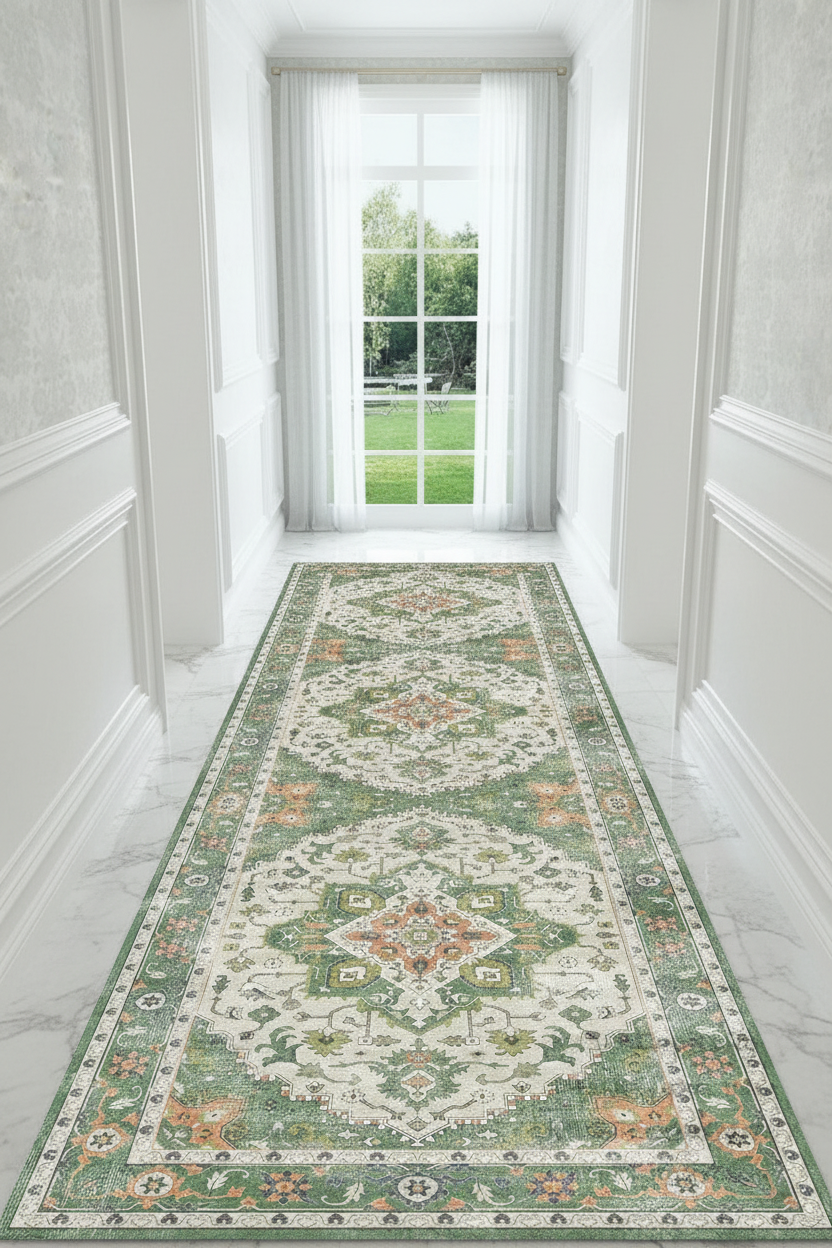 Tapis de Couloir Oriental Vert Sauge et Ivoire — Motif Médaillon Vintage — Tapis Long Antidérapant