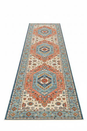 Tapis de Couloir Oriental Terracotta et Bleu — Motif Médaillon Vintage — Tapis Long Antidérapant