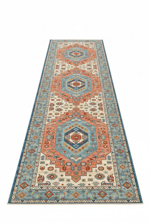 Tapis de Couloir Oriental Terracotta et Bleu — Motif Médaillon Vintage — Tapis Long Antidérapant