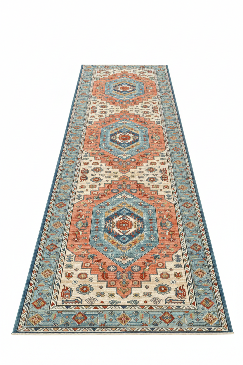 Tapis de Couloir Oriental Terracotta et Bleu — Motif Médaillon Vintage — Tapis Long Antidérapant