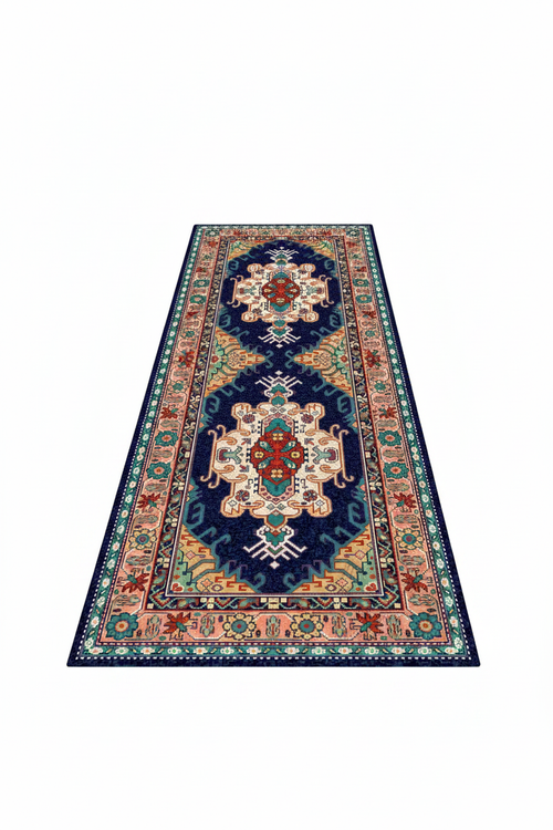 Tapis de Couloir Oriental Bleu Marine et Corail — Motif Médaillon Vintage — Tapis Long Antidérapant