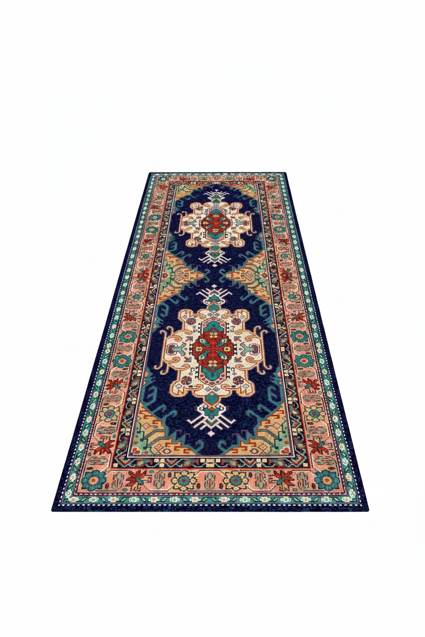 Tapis de Couloir Oriental Bleu Marine et Corail — Motif Médaillon Vintage — Tapis Long Antidérapant