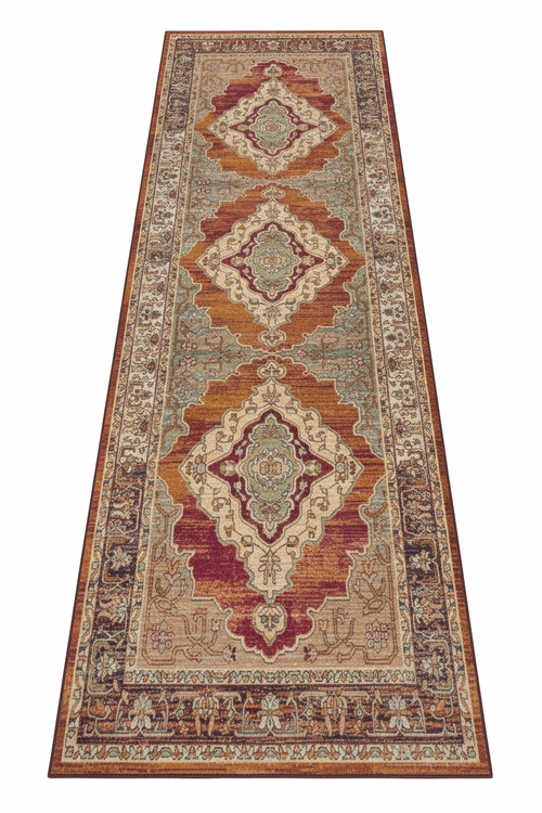 Tapis de Couloir Oriental Terracotta et Rouille — Motif Médaillon Vintage — Tapis Long Antidérapant