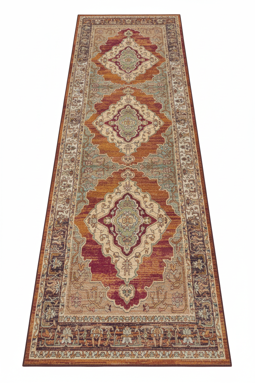 Tapis de Couloir Oriental Terracotta et Rouille — Motif Médaillon Vintage — Tapis Long Antidérapant