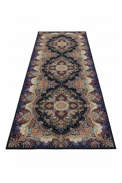 Tapis de Couloir Oriental Noir et Multicolore — Motif Médaillon Luxe | Tapis Long Antidérapant