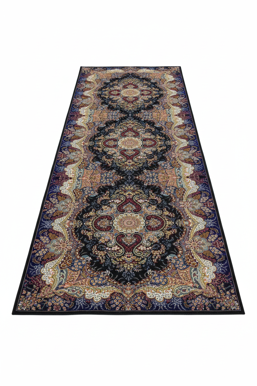 Tapis de Couloir Oriental Noir et Multicolore — Motif Médaillon Luxe | Tapis Long Antidérapant