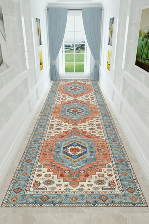 Tapis de Couloir Oriental Terracotta et Bleu — Motif Médaillon Vintage — Tapis Long Antidérapant