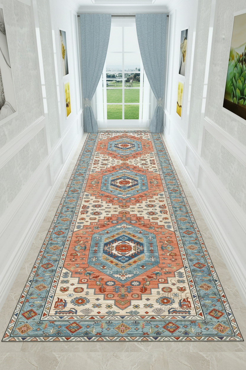 Tapis de Couloir Oriental Terracotta et Bleu — Motif Médaillon Vintage — Tapis Long Antidérapant