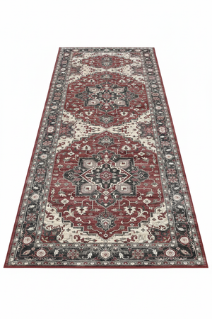 Tapis de Couloir Oriental Rouge et Anthracite — Motif Médaillon Vintage — Tapis Long Antidérapant
