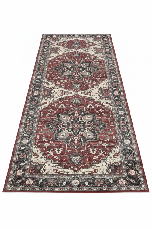 Tapis de Couloir Oriental Rouge et Anthracite — Motif Médaillon Vintage — Tapis Long Antidérapant