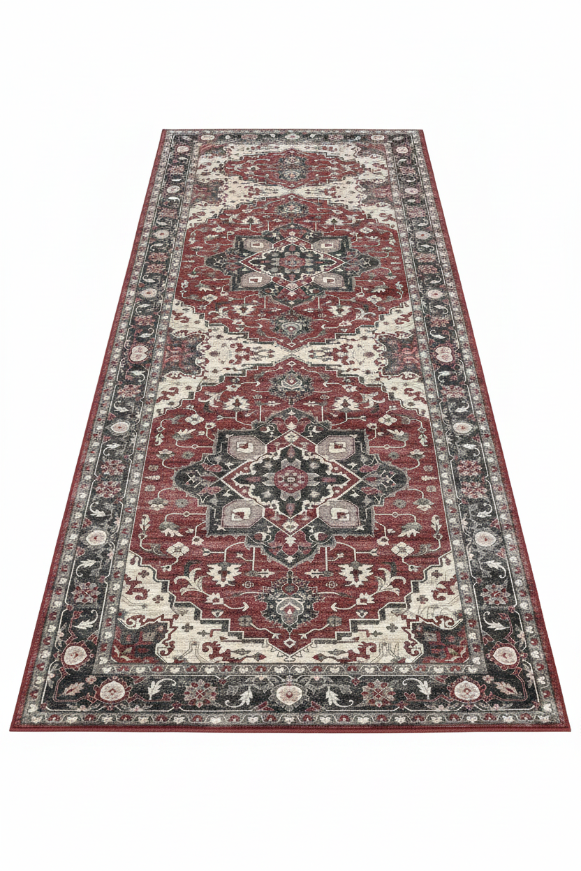 Tapis de Couloir Oriental Rouge et Anthracite — Motif Médaillon Vintage — Tapis Long Antidérapant